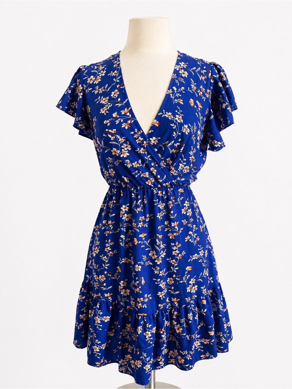 Blue Floral Wrap-Style Women's Dress